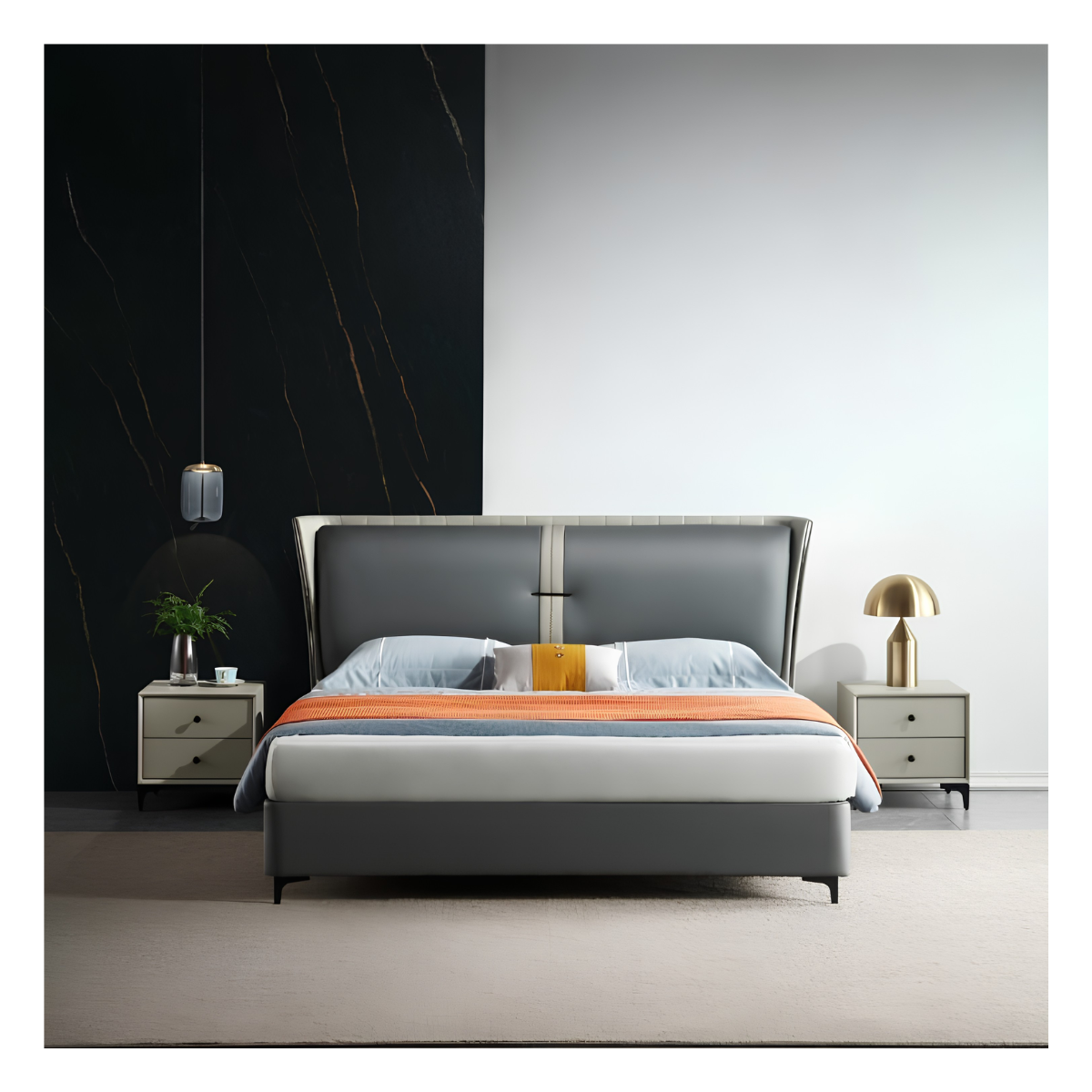 Contrast Stripe Leather Wingback Bed